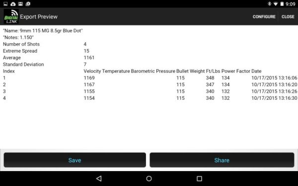 Competition Electronics Digital Link Android ap export in CSV format